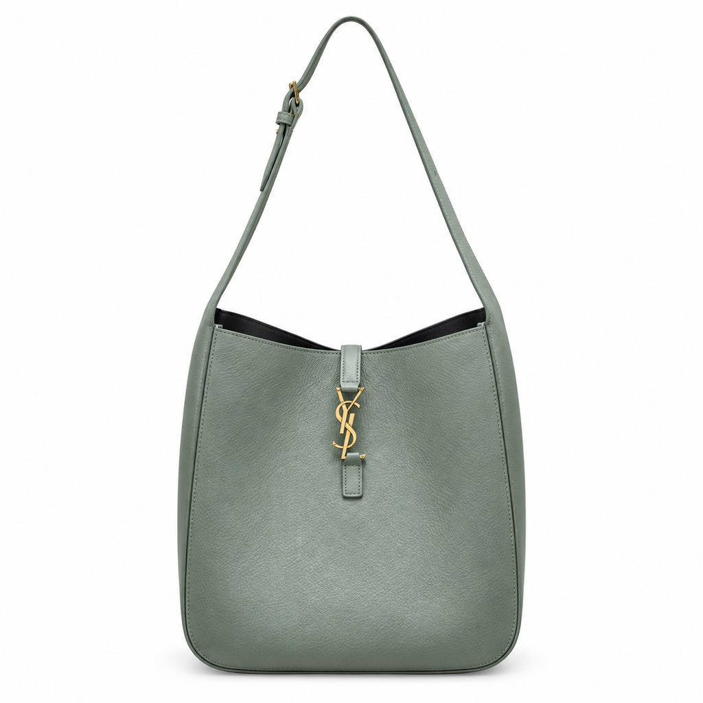 Saint Laurent Le 5 à 7 Hobo shoulder bag in sage green smooth leather with gold YSL monogram charm and adjustable strap
