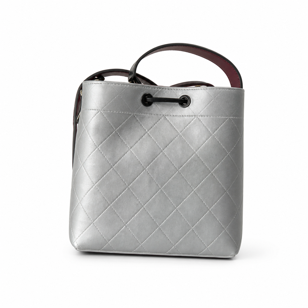 Chanel Bucket Bag Metallic Silver Quilted Lambskin | Ruthenium Hardware & Burgundy Interior — 23cm