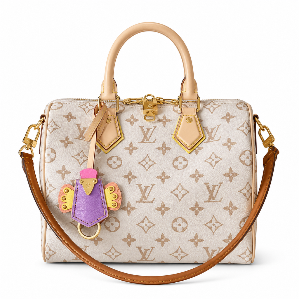 Louis Vuitton Speedy Bandouliere 25 Cream Monogram Canvas with Butterfly Charm and Gold Hardware