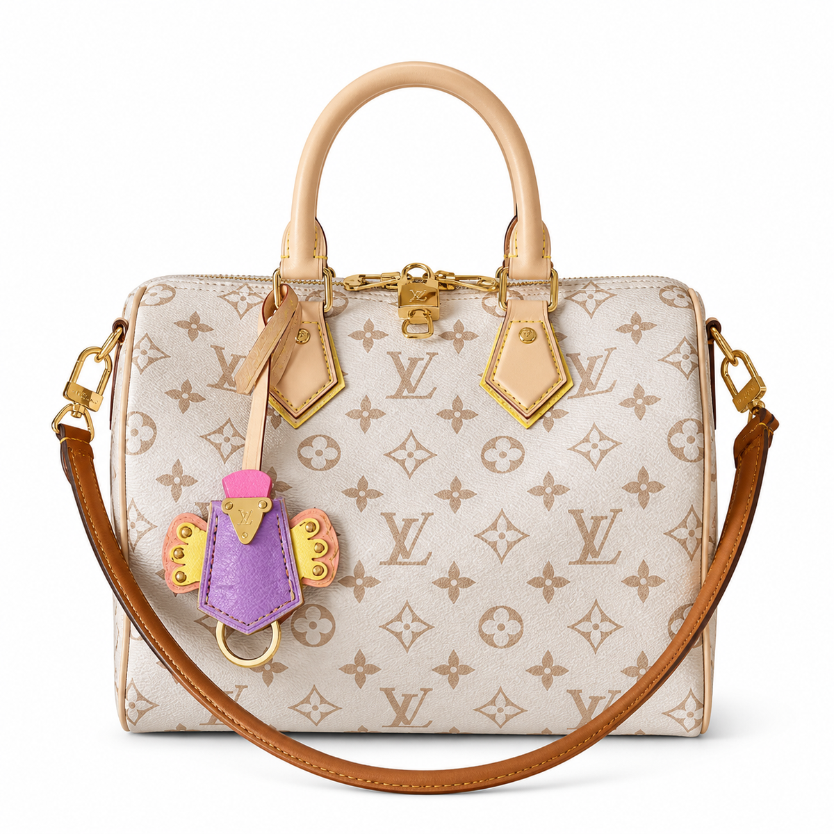 Louis Vuitton Speedy Bandouliere 25 Cream Monogram Canvas with Butterfly Charm and Gold Hardware