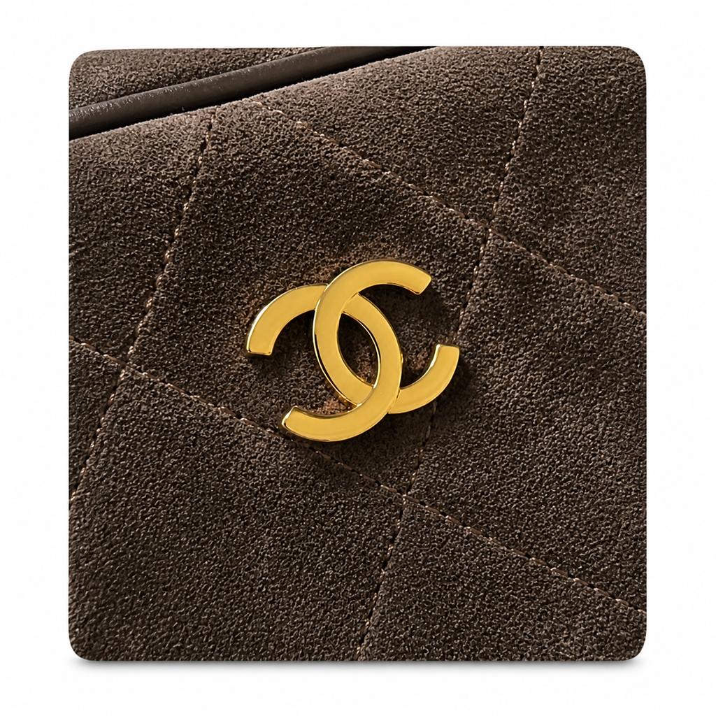 Chanel Bowling Bag Espresso Brown Diamond-Quilted Suede | CC Charm Zip Pull & Loop Handles — 29cm