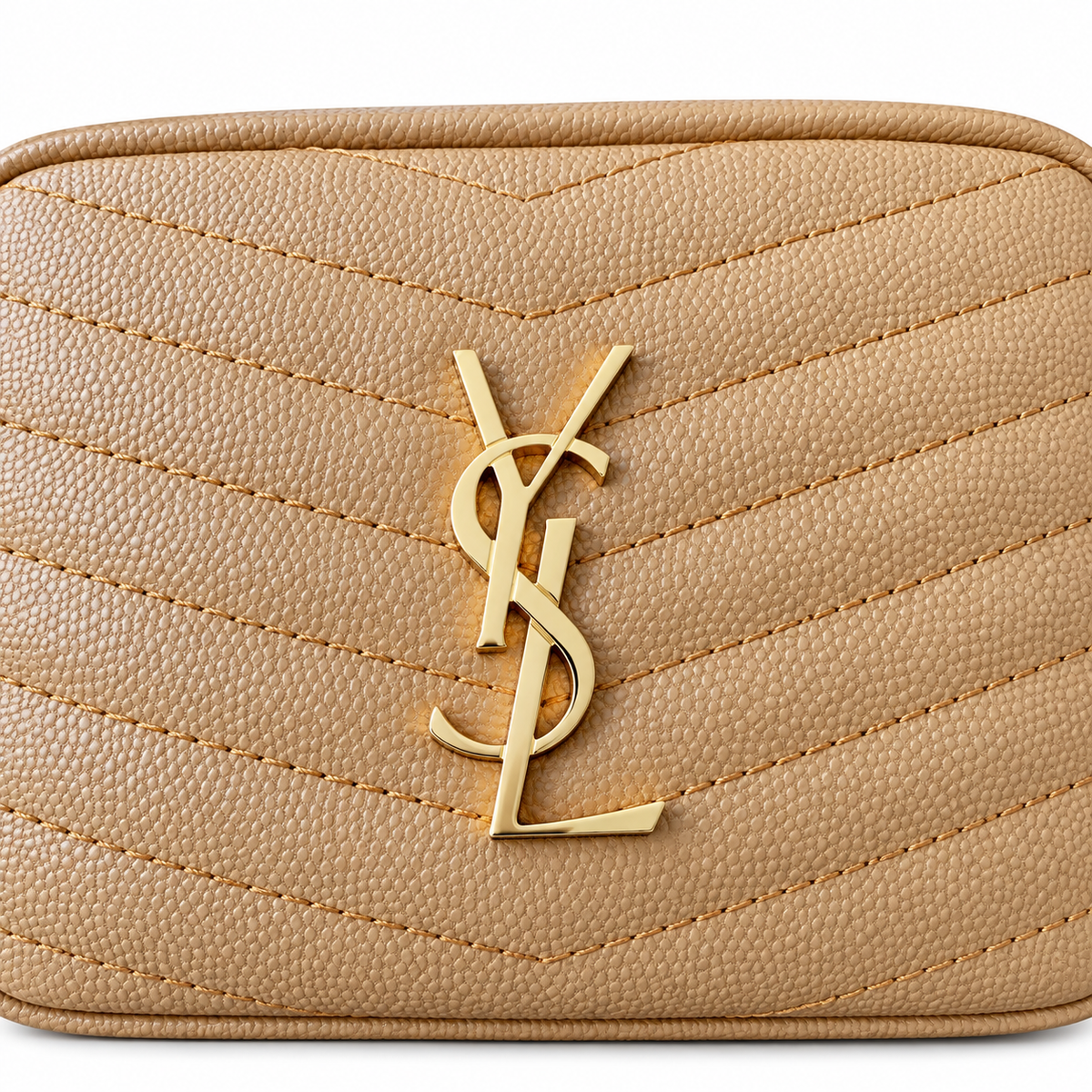 Saint Laurent YSL Lou Camera Bag in Nude Beige Sand Grained Leather with Gold YSL Monogram and Chevron Quilting
