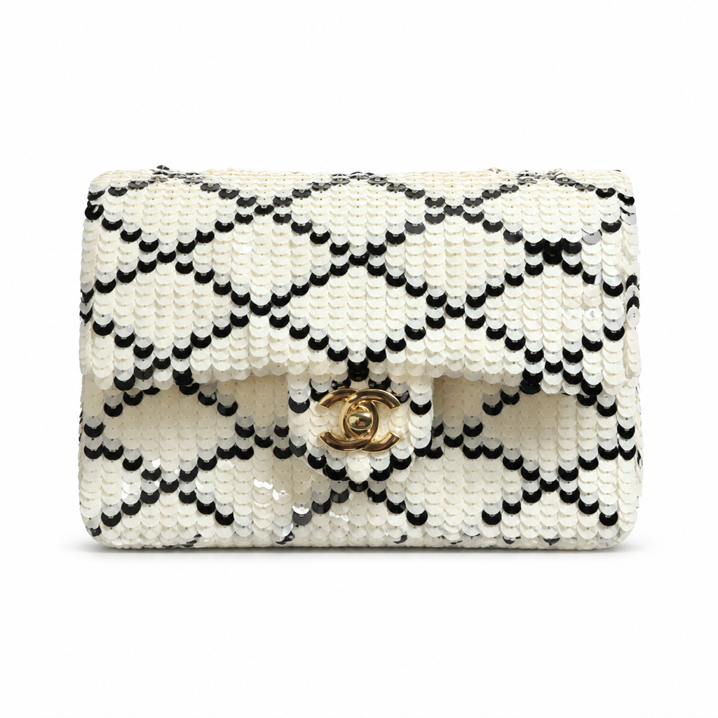 Chanel CC Sequin Flap Bag | White & Black Sequin & Gold — 21cm