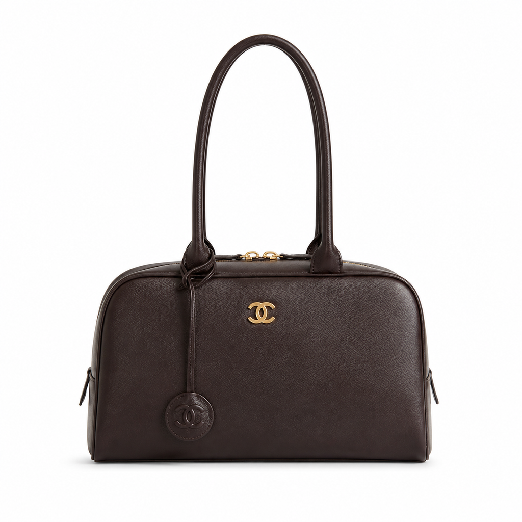 Chanel Bowling Bag Dark Chocolate Grained Leather | Dual Handles & CC Charm Ball — 29cm