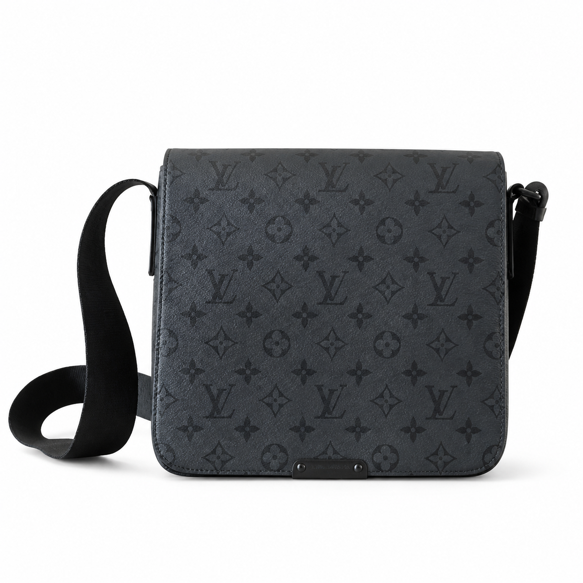 Louis Vuitton District MM black Monogram Shadow calfskin messenger bag with matte black hardware and adjustable strap