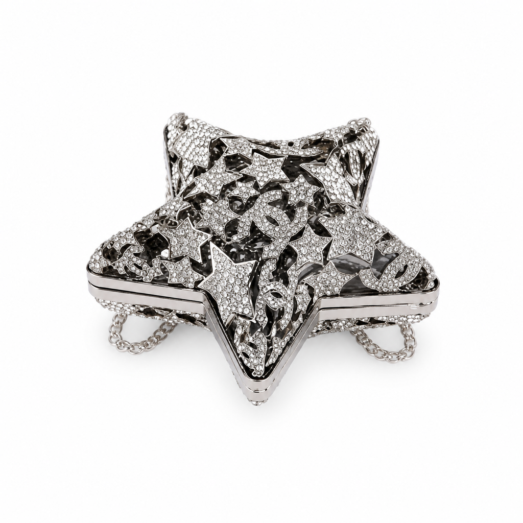 Chanel CC Pavé Crystal Star Minaudiere | Silver Filigree & Chain — 13cm