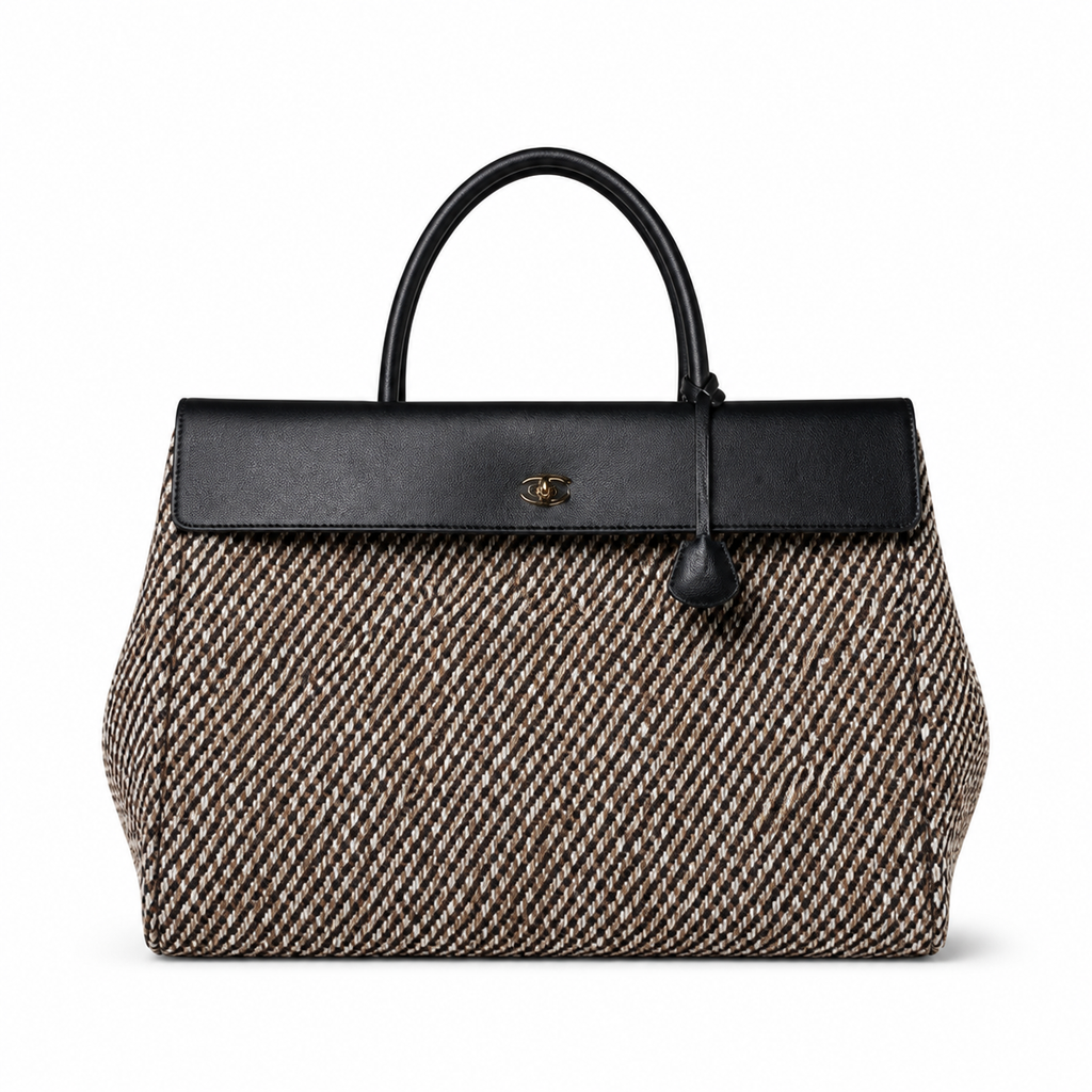 Chanel Large Tote Bag Black & Ivory Diagonal Tweed & Black Leather | Antiqued Gold CC — 43cm