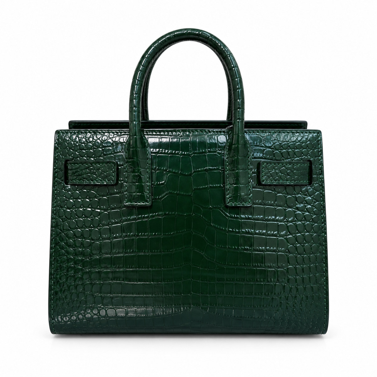 Saint Laurent Sac de Jour structured top handle tote bag in forest green croc-embossed patent calfskin leather with black hardware