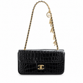 Chanel Black High-Gloss Croc-Embossed Flap Bag | Black Crystal CC Turn-Lock & Letter Charm Chain