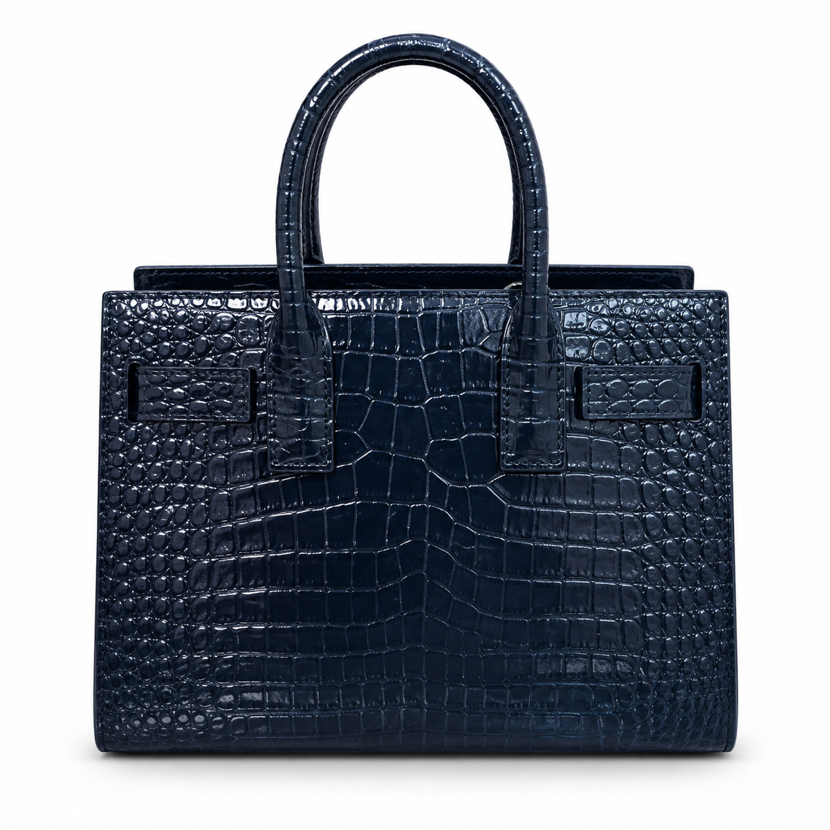 Saint Laurent Sac de Jour structured top handle tote bag in navy blue croc-embossed patent calfskin leather with tonal hardware