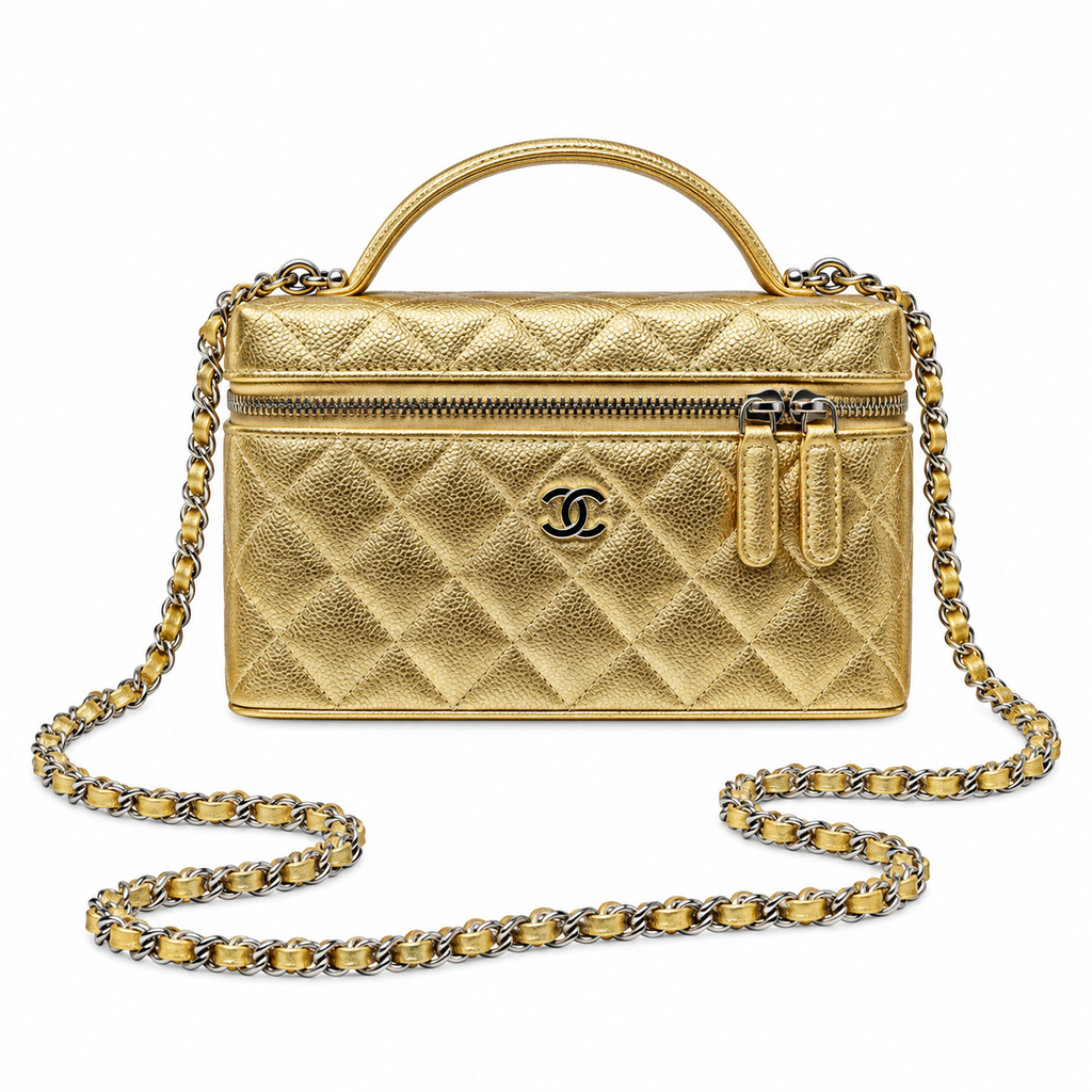 Chanel Quilted Gold Metallic Caviar Vanity Case Bag Silver Hardware 19.5cm