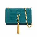 YSL Kate Tassel Chain Bag in teal croc-embossed glossy leather with gold YSL monogram and dangling gold chain tassel, front view