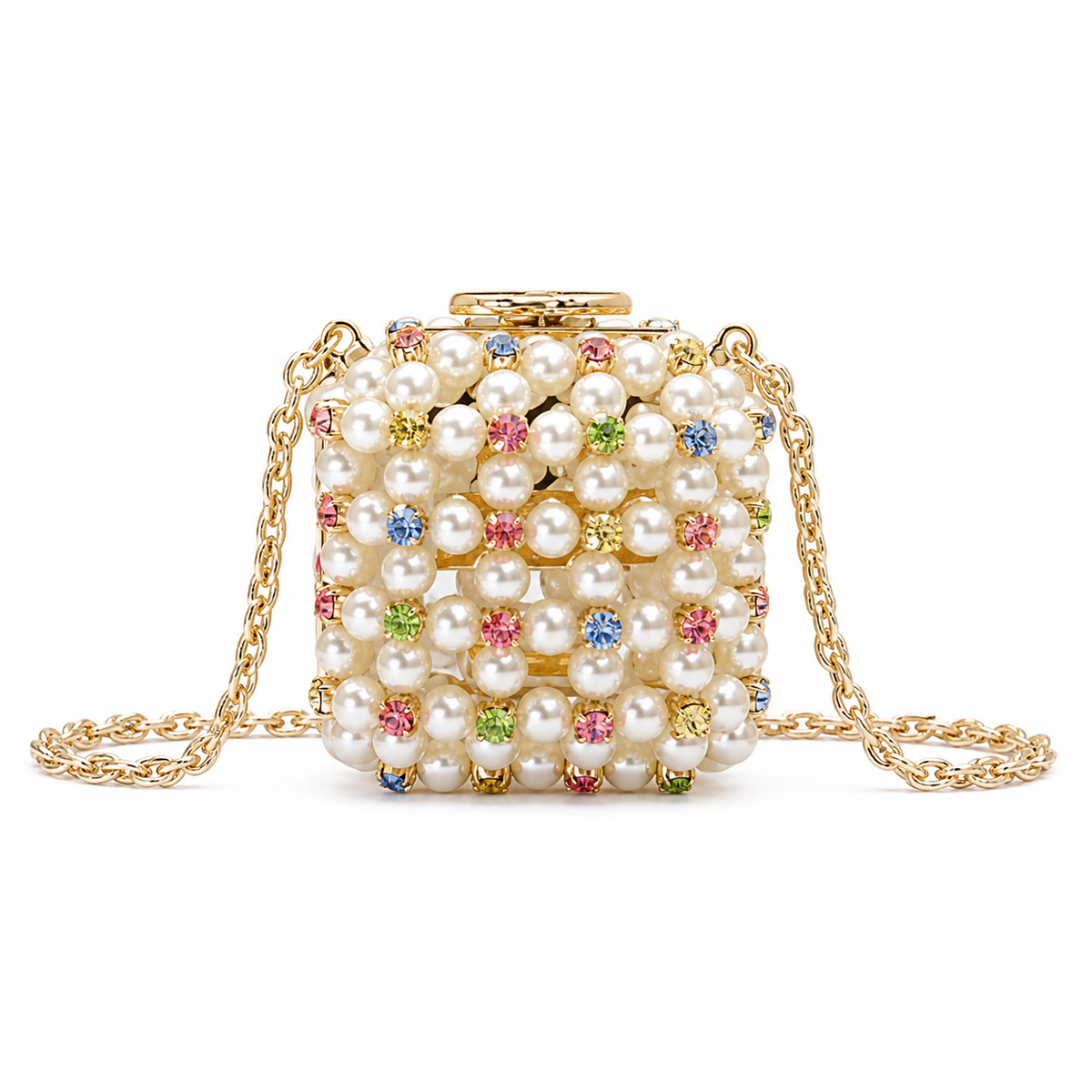 Chanel Cream Pearl Minaudère Box Bag | Rhinestones & Pearl-Interwoven Chain — 8cm