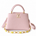 Louis Vuitton Capucines BB Rose Pink Taurillon Leather Handbag with Yellow Floral Chain Strap