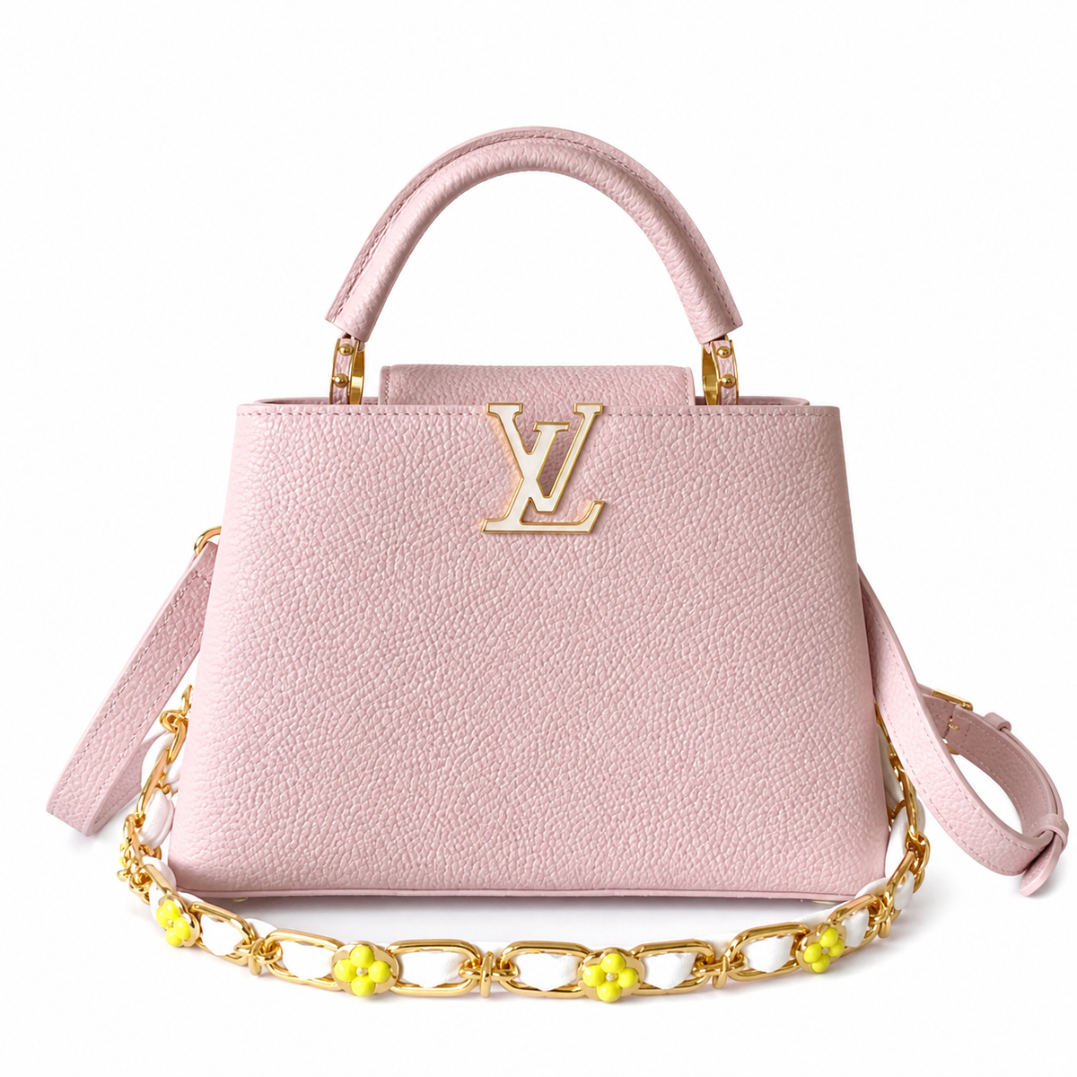Louis Vuitton Capucines BB Rose Pink Taurillon Leather Handbag with Yellow Floral Chain Strap