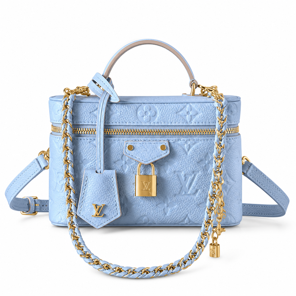 Louis Vuitton Vanity PM light blue Monogram Empreinte leather box bag with gold LV padlock and braided chain strap