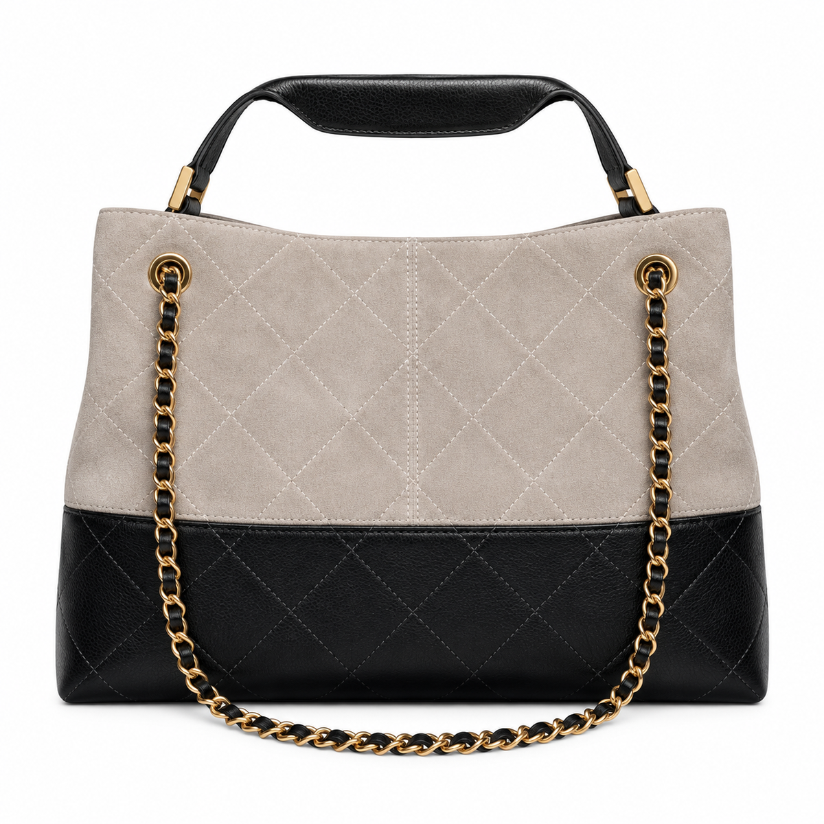 Chanel 24B Bicolor Suede Lambskin Quilted Hobo Bag Stone Black 24×36×14cm