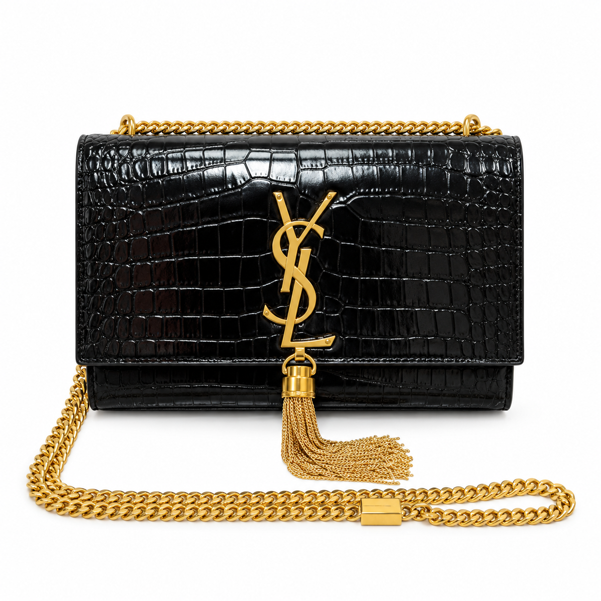 Saint Laurent YSL Kate Tassel chain crossbody bag in black croc-embossed patent leather with oversized gold YSL monogram and gold tassel