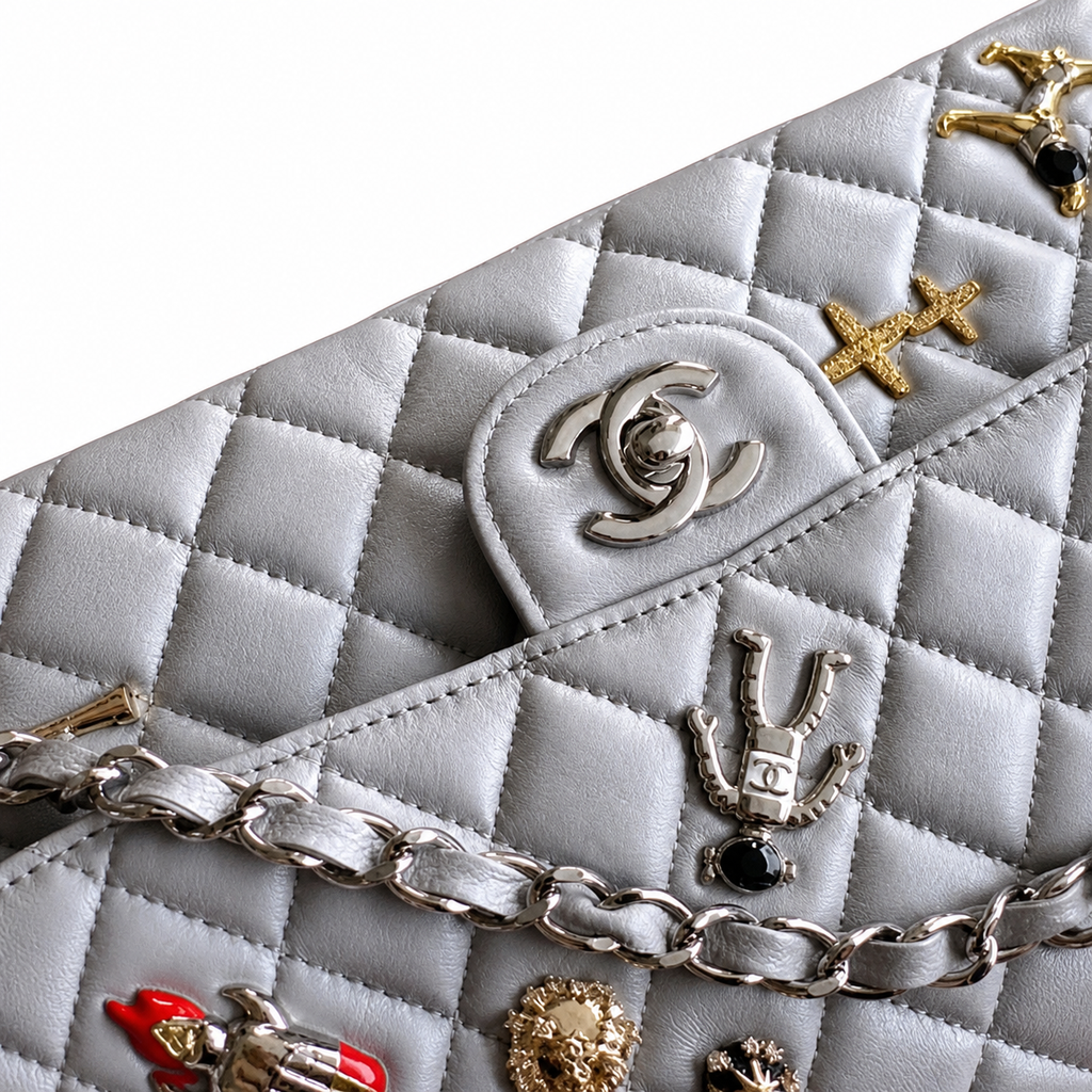 Chanel CC Quilted Double Flap Bag | Grey Lambskin & Silver — 25cm