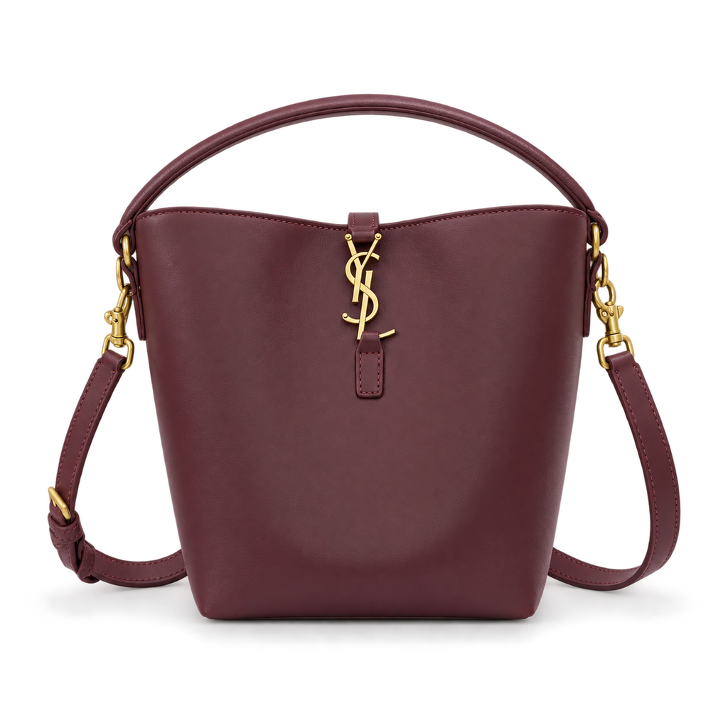 YSL Saint Laurent Le Petit Suzanne Bucket Bag Burgundy Smooth Leather Gold YSL Charm Adjustable Shoulder Strap