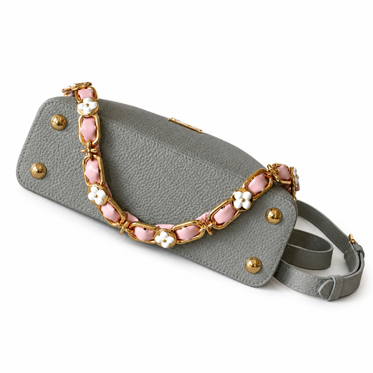 Louis Vuitton Capucines Mini Grey Taurillon Leather Bag Floral Chain