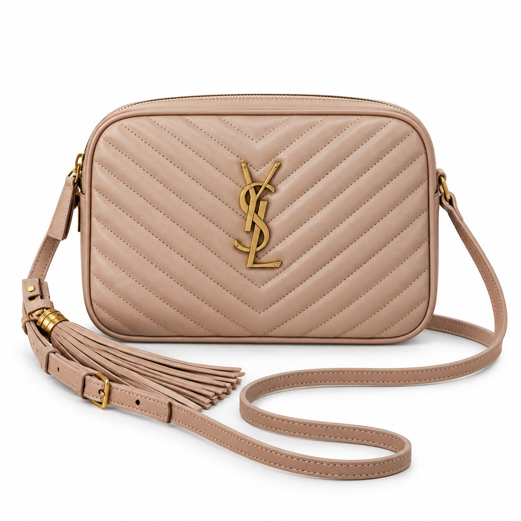 Saint Laurent YSL Lou Camera Bag in Blush Pink Rose Nude Powder Rose Quilted Lambskin with Aged Antique Gold YSL Monogram Chevron Quilting Blush Leather Tassel and Adjustable Strap