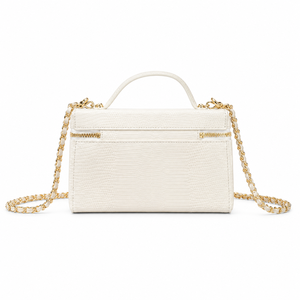 Chanel White Croc-Embossed Vanity Case | Back Zip Pocket & Lobster Clasp — 18cm