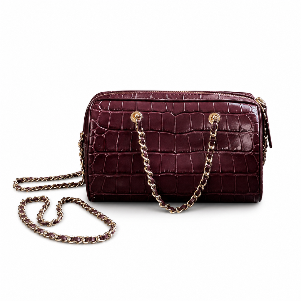 Chanel Deauville Croc-Embossed Burgundy Chain Bag