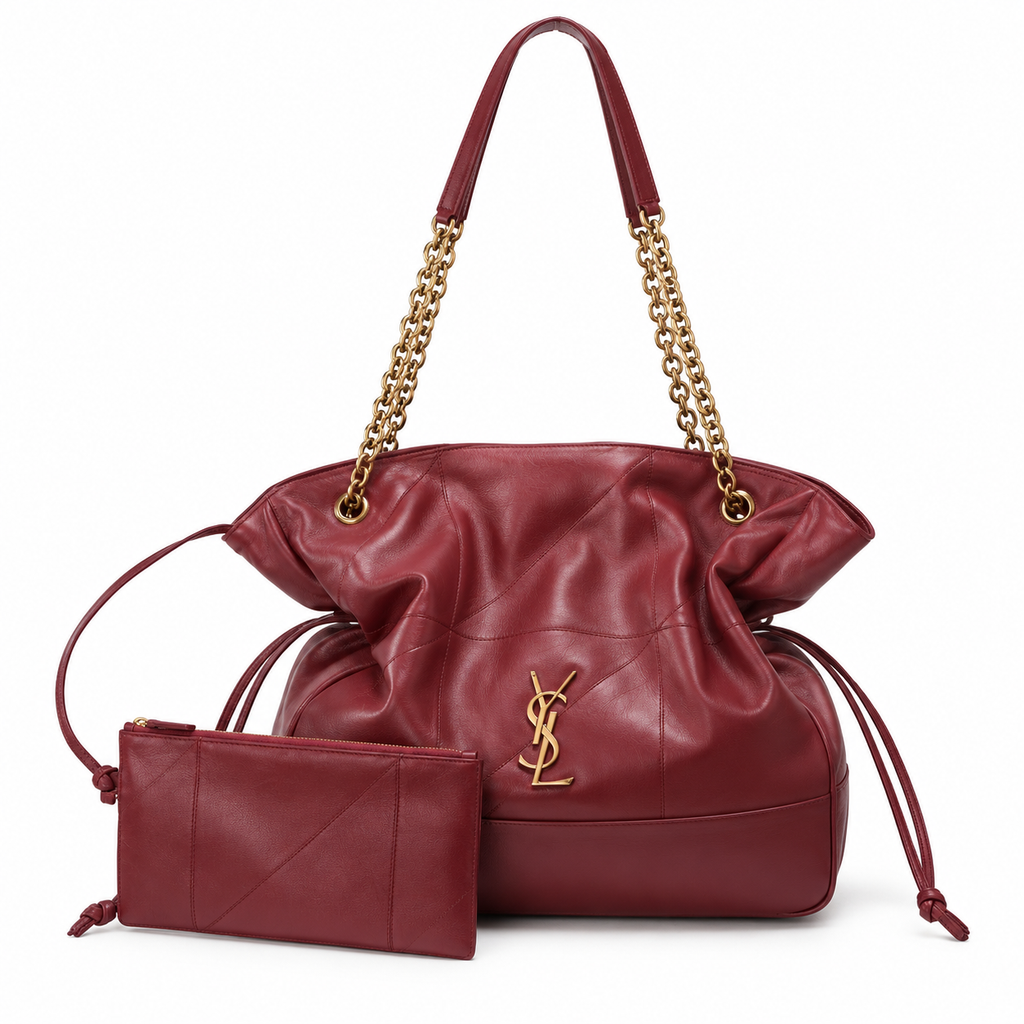 YSL Saint Laurent Bougeoir Drawstring Tote Burgundy Quilted Leather Gold YSL Monogram Double Chain Straps Matching Pouch