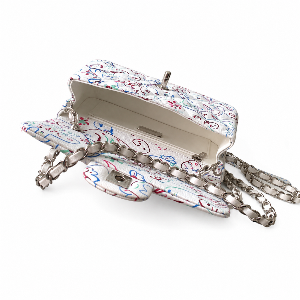 Chanel Mini Rectangular Flap Bag | Graffiti Art Print Silver CC White — 20cm
