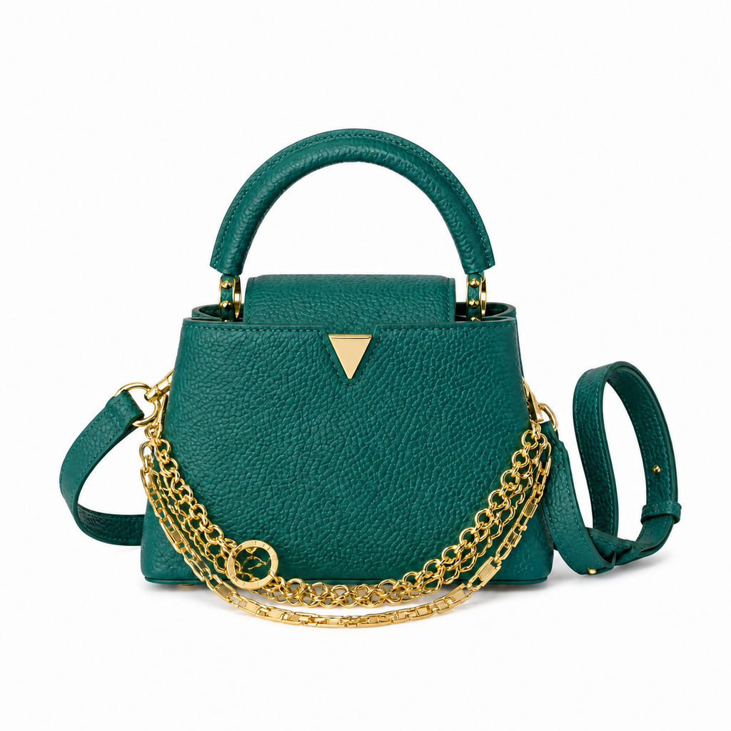 Louis Vuitton Capucines Mini Emerald Green Taurillon Leather with Triple Gold Chain Strap and Triangle LV Clasp