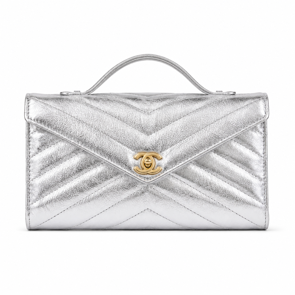 Chanel Silver Crinkled Metallic Envelope Bag | Chevron Quilting, Gold CC & Top Handle