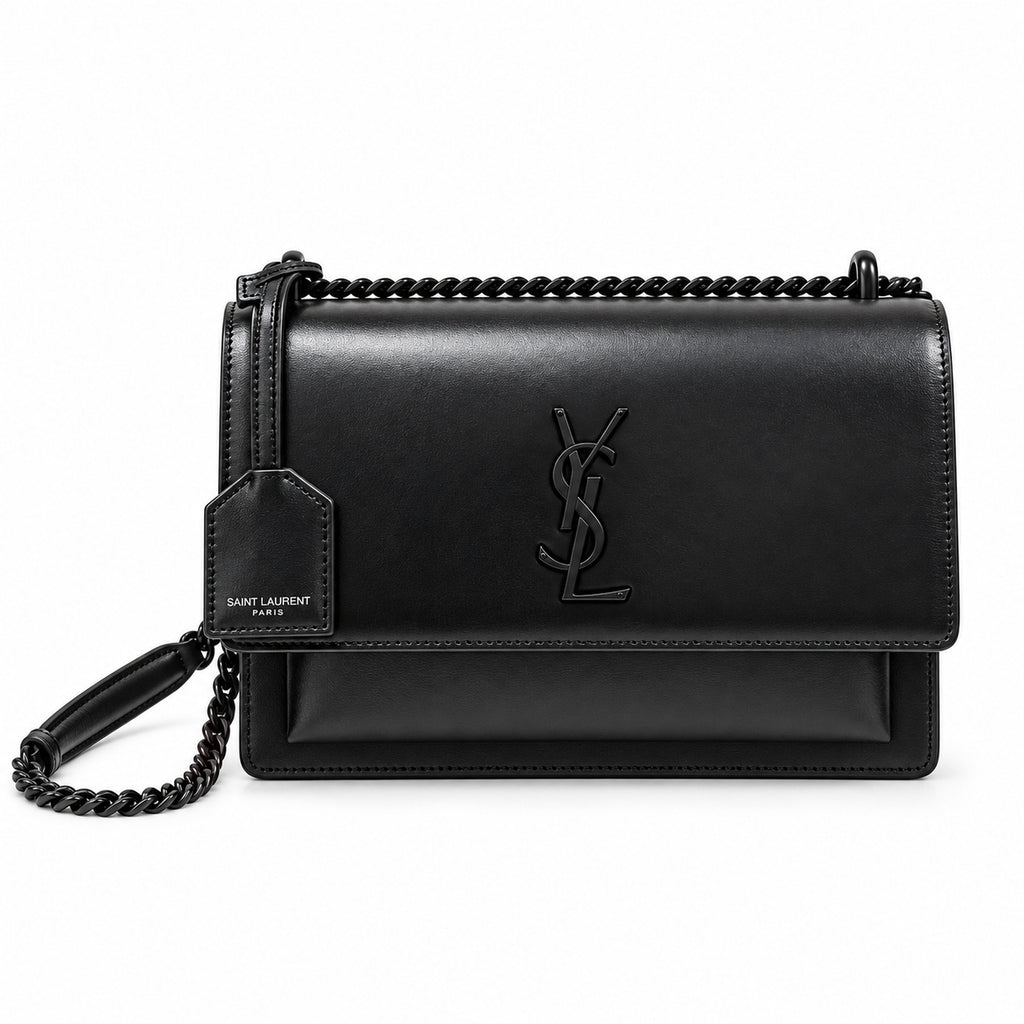 YSL Sunset Medium Bag All Black Smooth Leather Black Chain