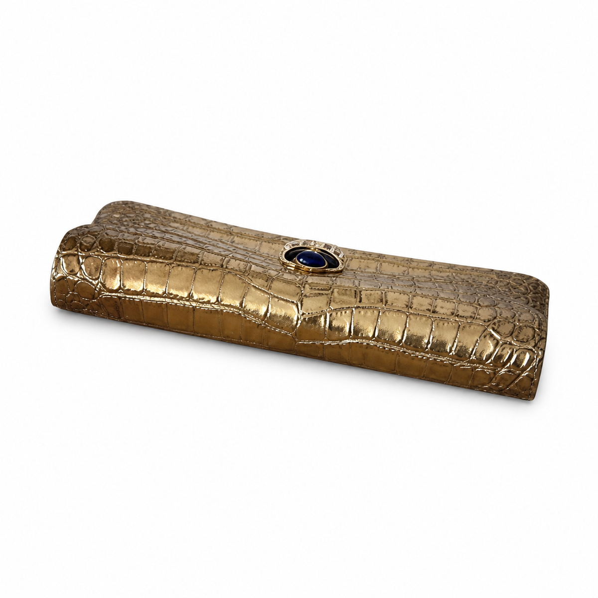 Chanel Gold Croc-Embossed Evening Clutch | Jeweled Scarab — Blue Lapis & Red Enamel Gold Star — 30cm