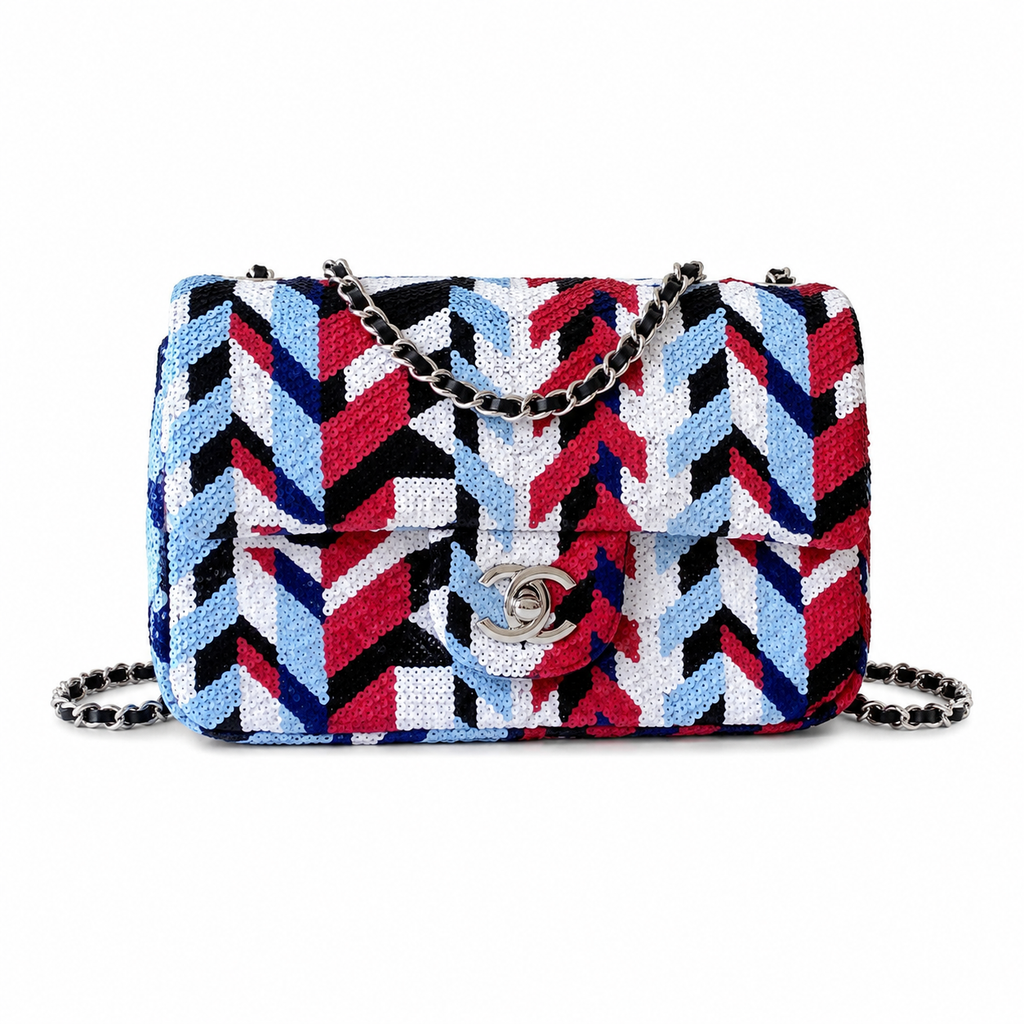 Chanel Oversized Chevron Sequin Flap Bag | Sky Blue, Red, Black & Navy Wrap-Around, Silver Ball CC & Navy Chain