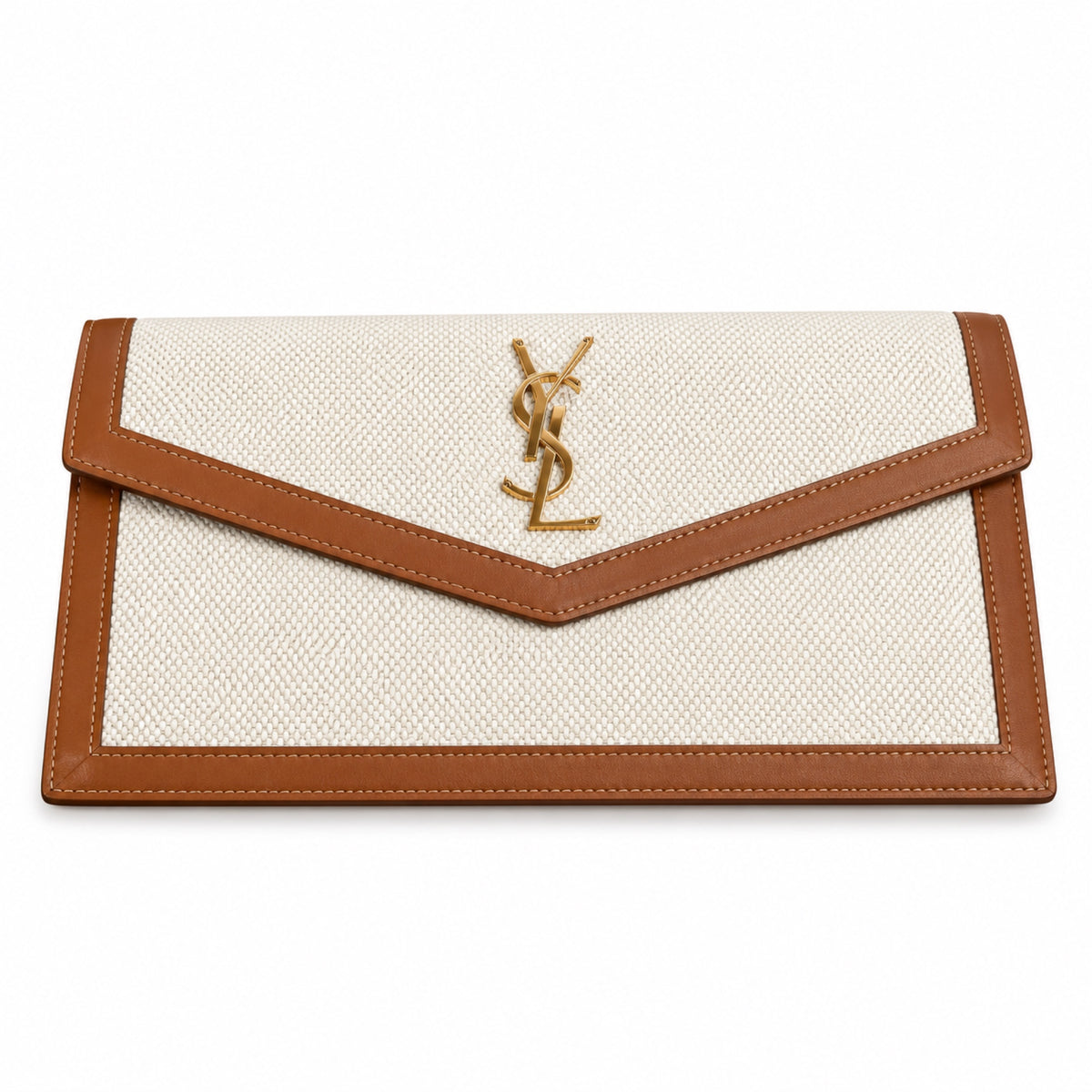 YSL Saint Laurent Cassandre Envelope Clutch in Natural Linen and Tan Leather