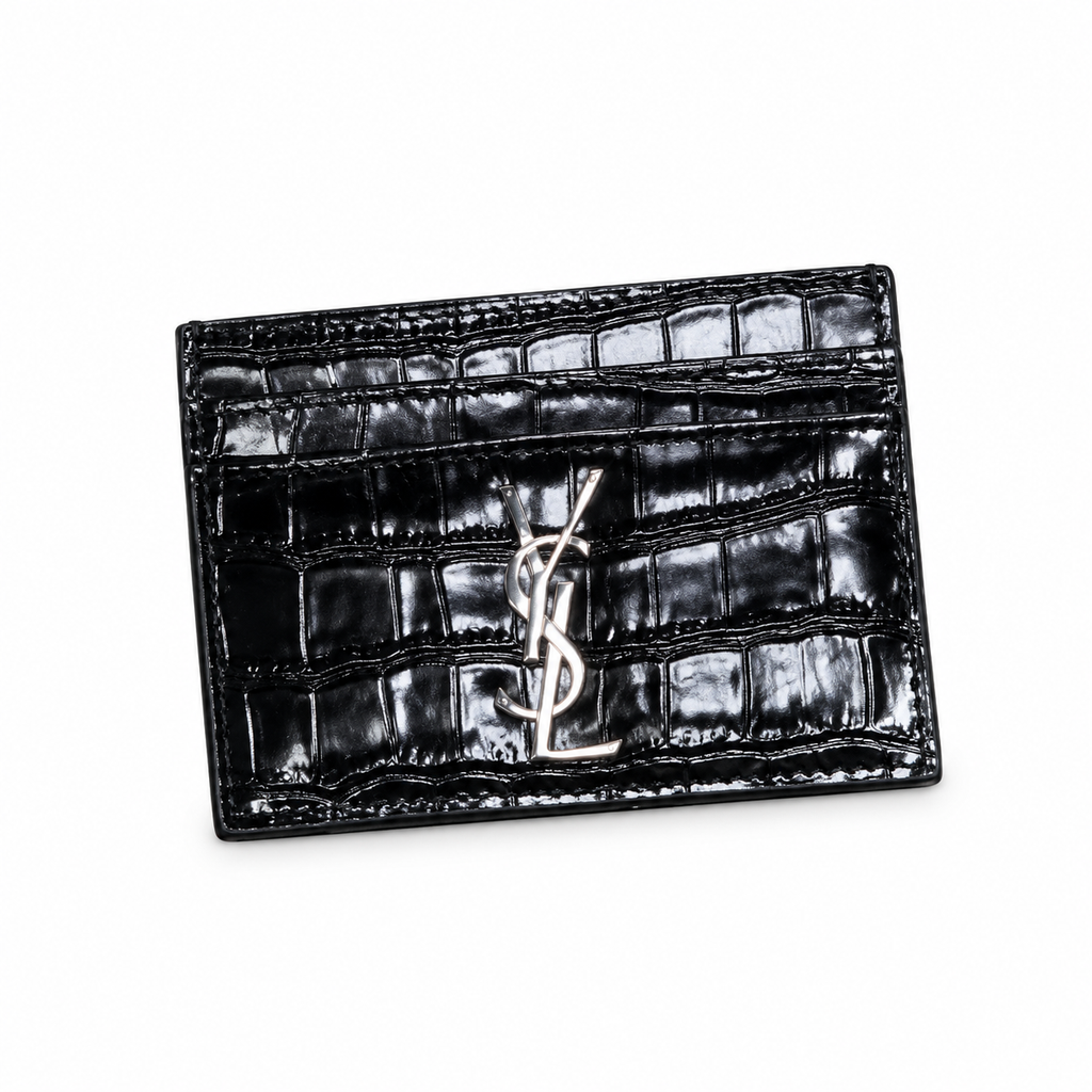 YSL Cassandre Card Holder – Black Croc Patent