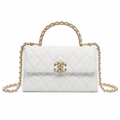 Chanel White Smooth Quilted Mini Top Handle Flap Bag | Gold Chain-Link CC Turn-Lock with Central Sphere & Dual White Chain
