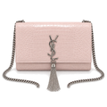 Saint Laurent Kate Medium Tassel crossbody bag in blush pink crocodile-embossed leather with silver YSL monogram and chain tassel