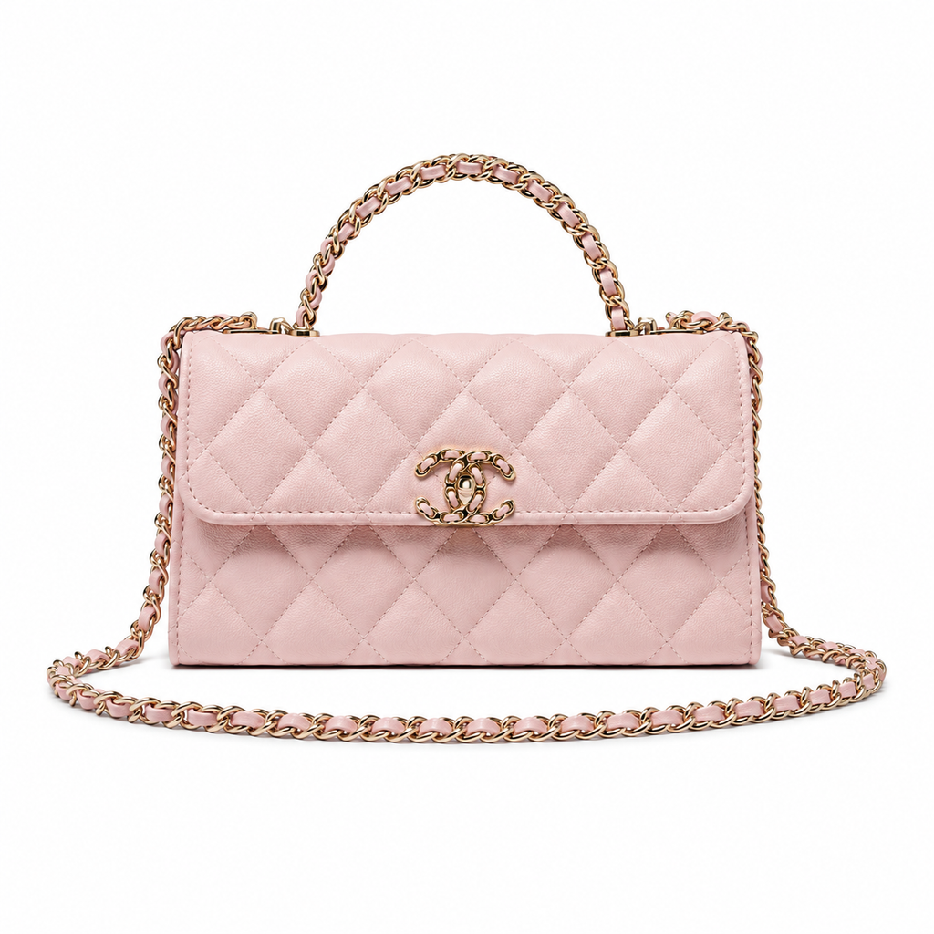 Chanel Baby Pink Fine-Grain Quilted Mini Top Handle Flap Bag | Rose Gold Chain-Texture CC Turn-Lock & Tonal Pink Chain