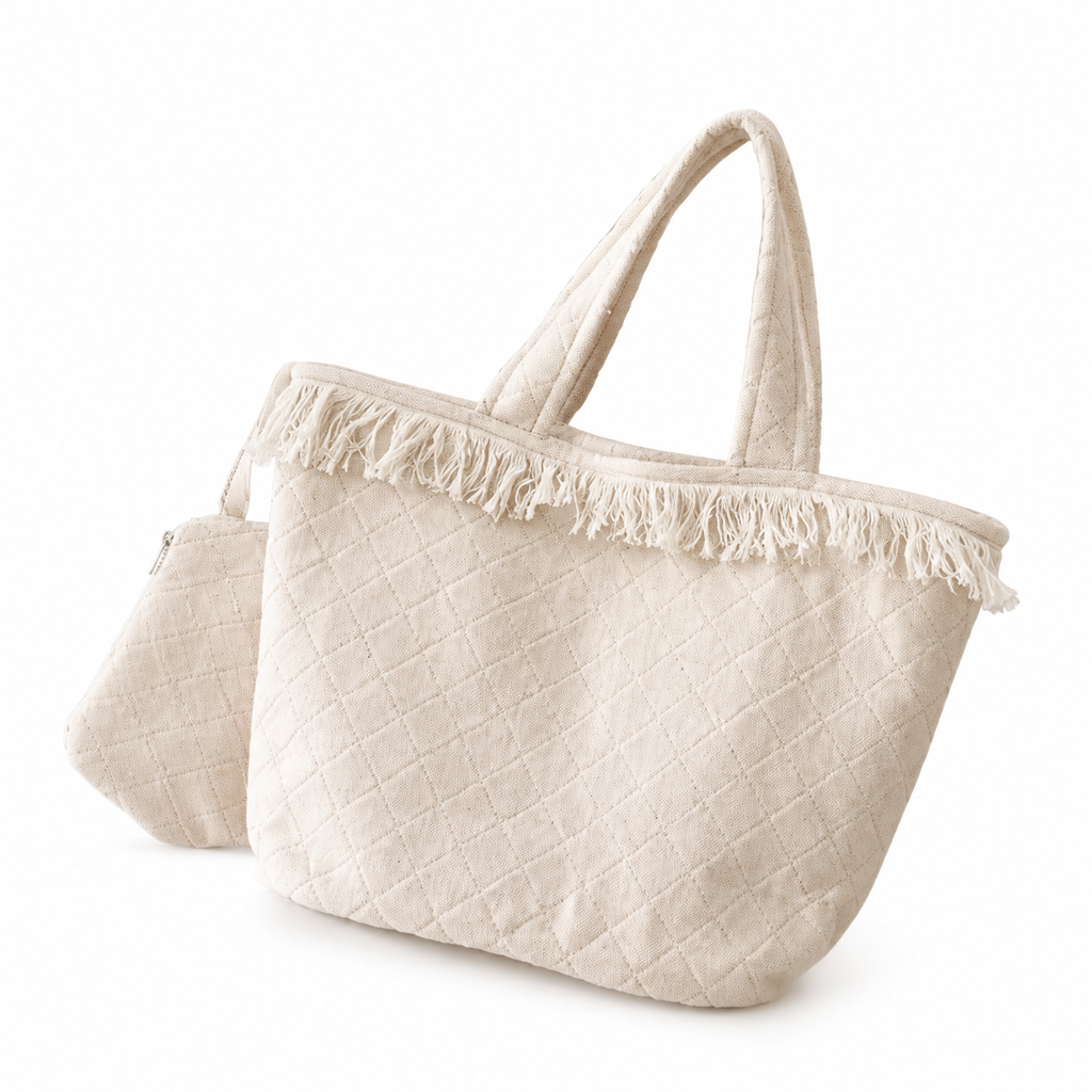 Chanel Ivory Quilted Canvas Large Fringe Tote | Oversized Tonal Embroidered CC, Open Top & Matching Mini Pouch