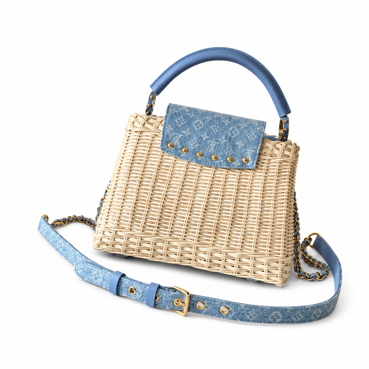 Louis Vuitton Capucines Wicker Basket Bag Blue Monogram Denim Flap