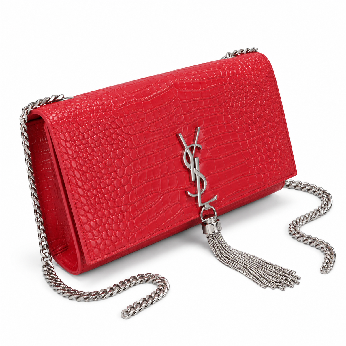 Saint Laurent YSL Kate Tassel Bag – Red Croc Silver