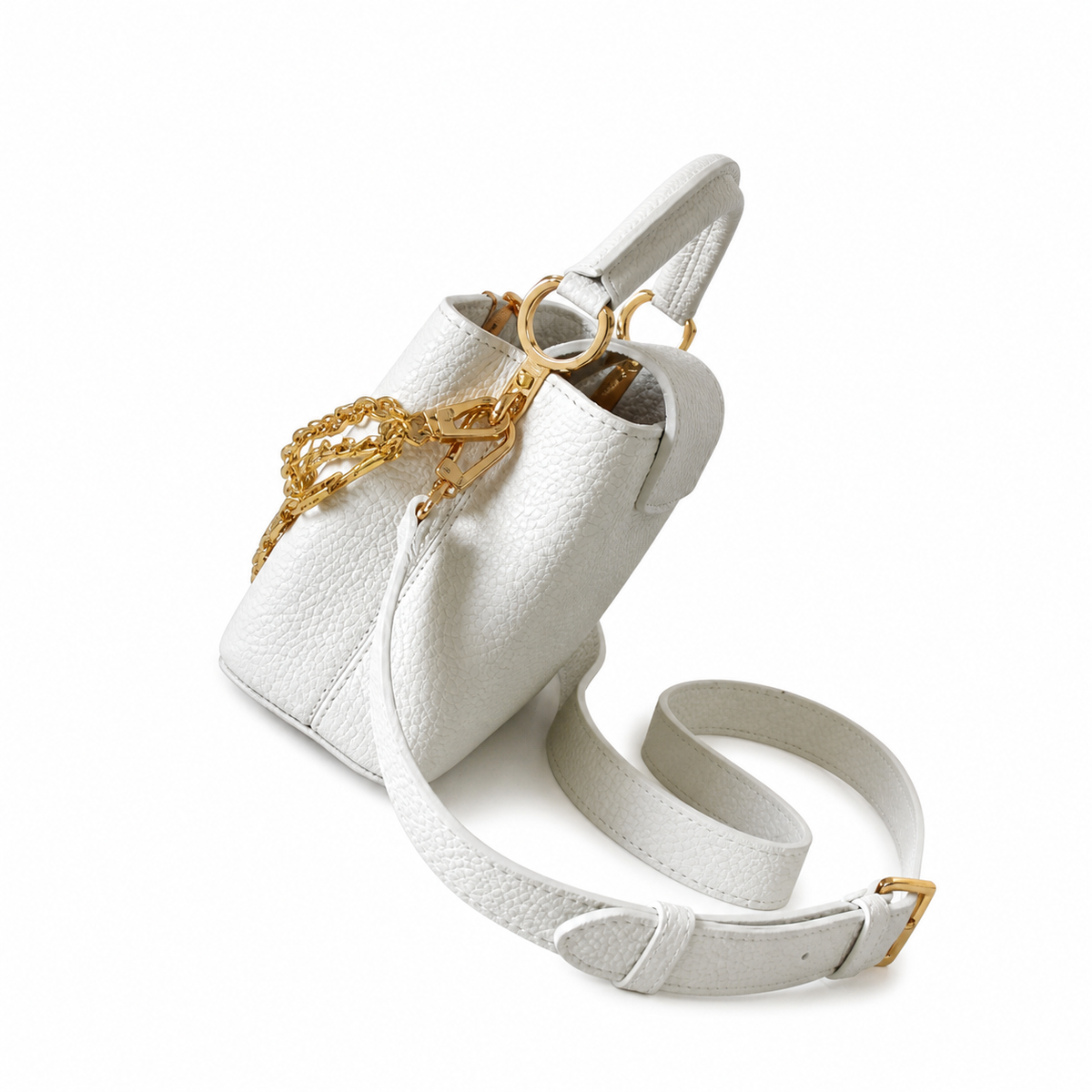 Louis Vuitton Capucines Mini White Leather Handbag with Double Gold Chain