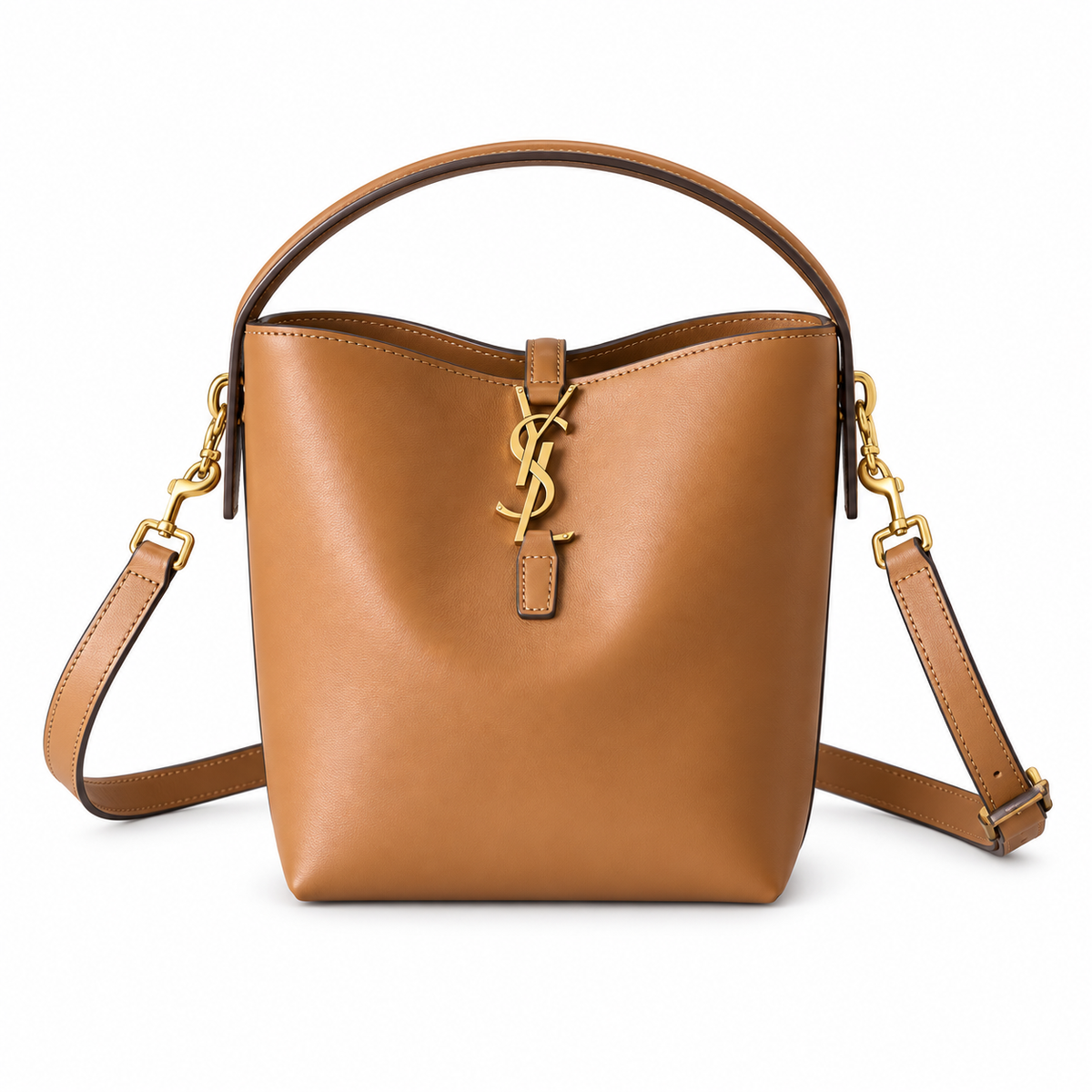 YSL Le 37 Bucket Bag in tan caramel smooth leather with gold YSL cassandre monogram charm, top loop handle and wide adjustable crossbody strap, front view