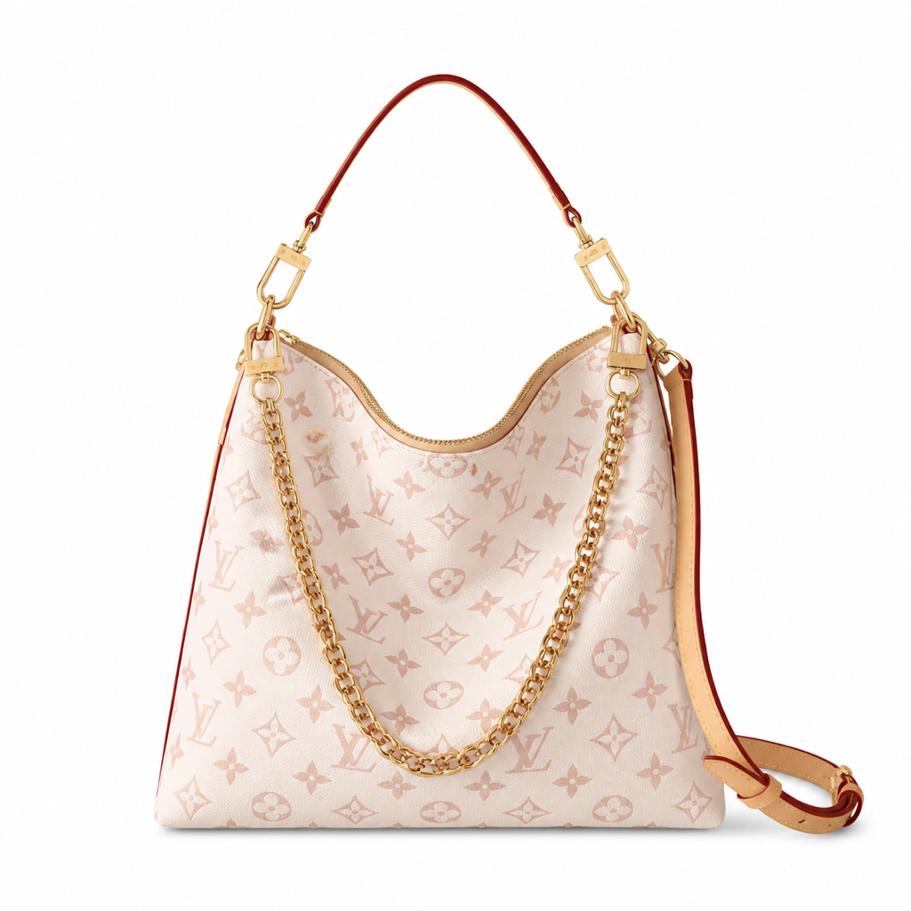 Louis Vuitton cream Monogram canvas hobo bag with red leather top handle and gold chain strap
