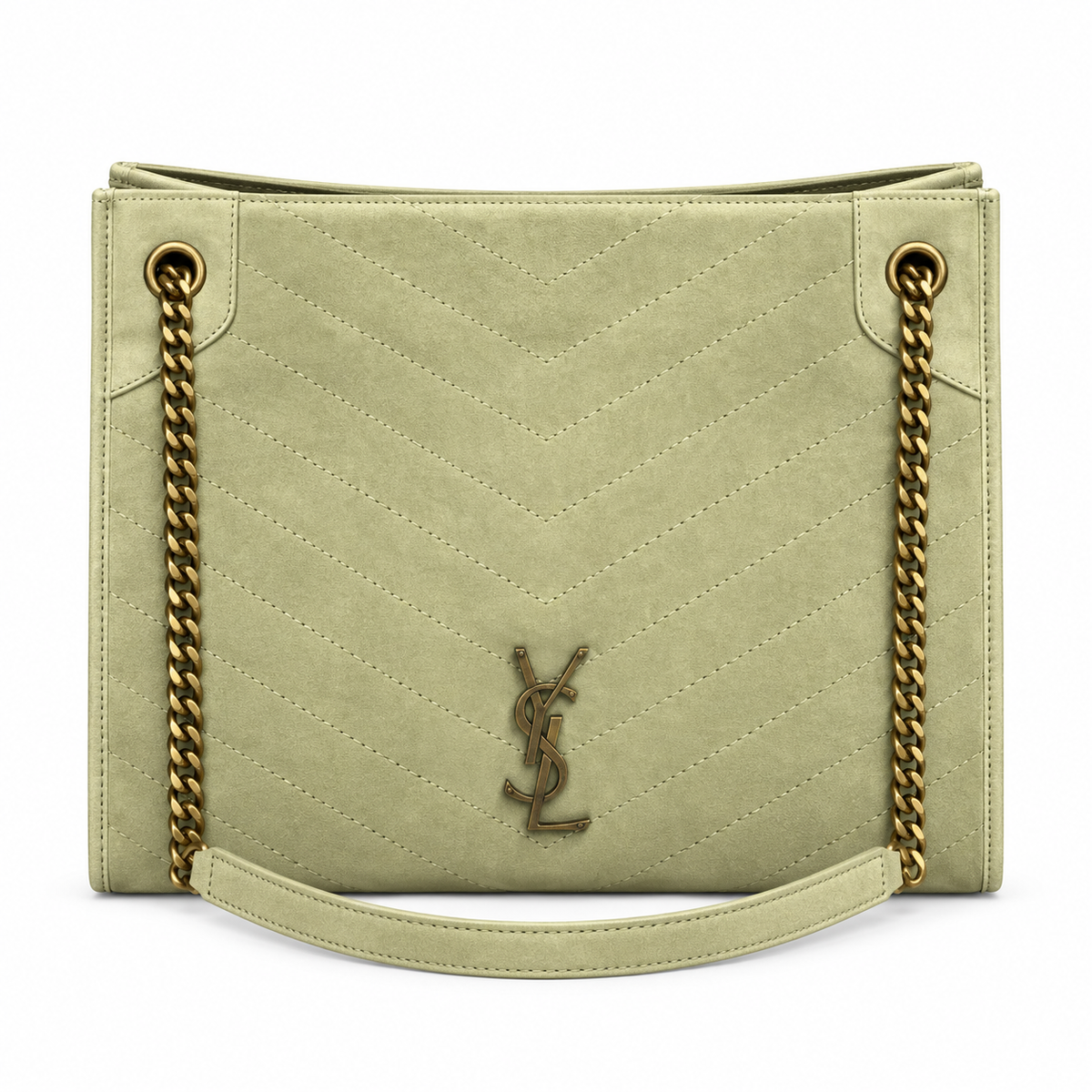 YSL Niki Chevron Quilted Suede Tote Bag Light Green