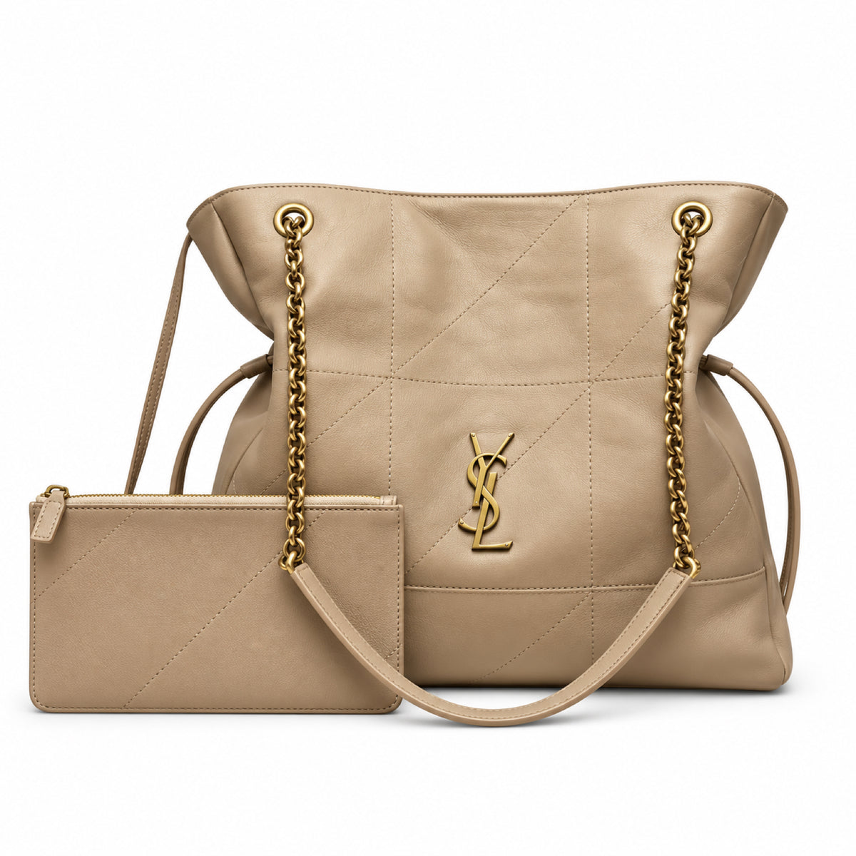 Saint Laurent YSL Jamie large quilted tote bag in sand beige geometric patchwork lambskin with gold chain handles and YSL monogram with matching zipped pouch