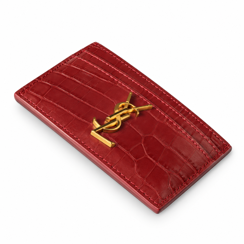YSL Saint Laurent Monogram Croc-Embossed Card Holder Red