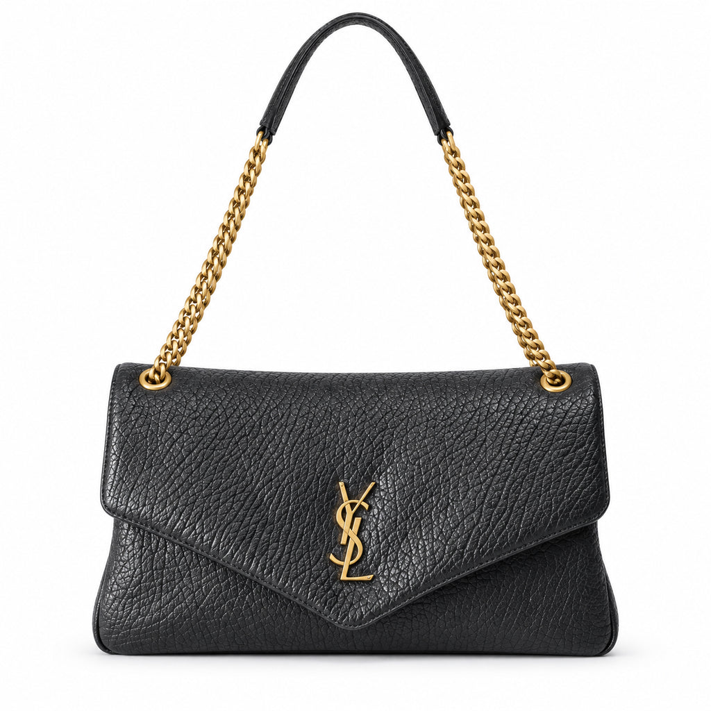 Saint Laurent YSL Calypso envelope chain shoulder bag in black grained calfskin leather with double gold chain strap